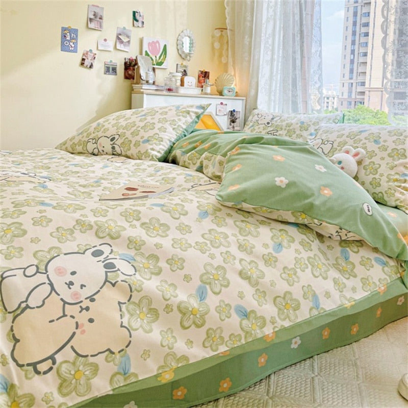 Ihomed AB double-sided florals print 100% cotton Bedding Set queen soft skin friendly duvet cover set with flat sheets quilt cover sets