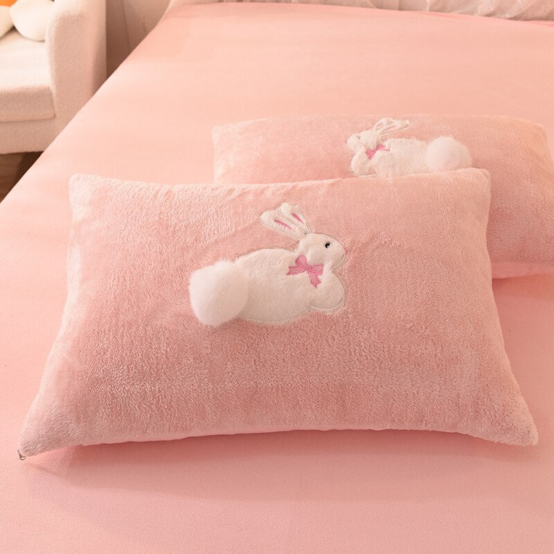 Ihomed Luxury Shaggy Velvet + Berber Fleece Princess Girl Bedding Set Rabbit Embroidery Short Plush Duvet Cover Quilt Cover Bed Linen