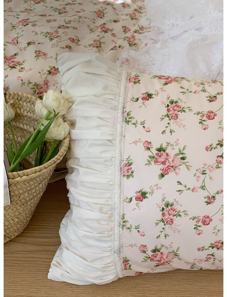 Ihomed Romantic Vintage Floral Cotton Four-Piece Set Princess Pure Cotton Quilt Cover French Bedding