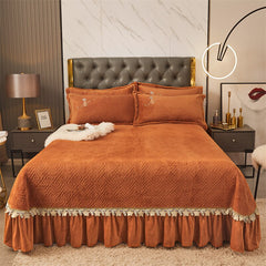 Ihomed Luxury high Quality Solid Color Quilted Crystal Velvet Lace Ruffles Bedspread Bed Skirt Mattress Cover Pillowcases Bedding Set