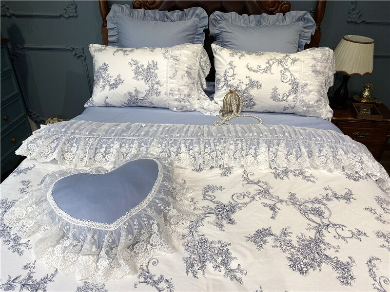 Ihomed French Vintage Rural Floral Princess Bed Skirt Bedding Set Romantic White Lace Edge 400TC Cotton Quilt/Duvet Cover Set Pillowcas