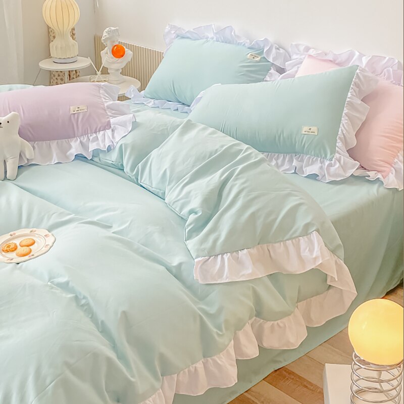 Ihomed Kawaii Pink Bedding Set Bedspreads Polyester Twin Full Queen Size Cute Fitted Double Bed Sheet Pillowcase Bedroom Duvet Cover