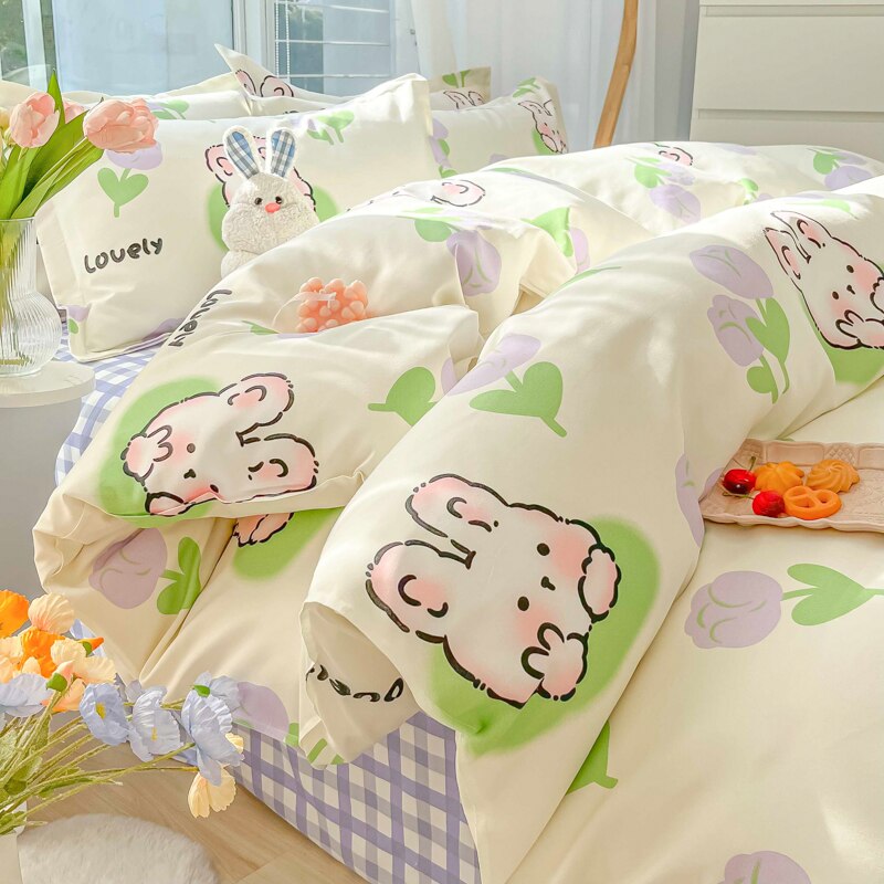 Ihomed Cartoon Style Printed Bedding Sets King Queen Full Sizes Comforter Sets Duvet Cover Bed Flat Sheet Pillowcases for Child Girls