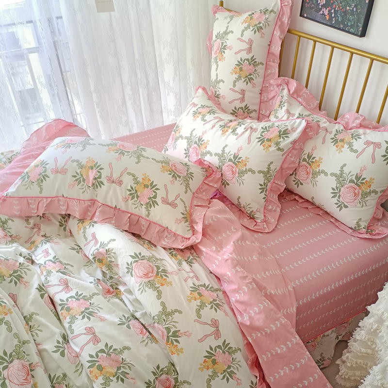 Ihomed 4/6Pcs100%Cotton Bedding Set Vintage Elegant Flowers Duvet cover  with Ruffle soft comfy bed sheet pillowcases Double Queen King