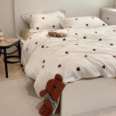 Ihomed Cute Cartoon Brown Bear Embroidery Bedding Set Soft Breathable 400TC Washed Cotton Duvet Cover Quilt Cover Bed Linen Pillowcases