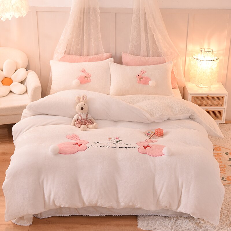 Ihomed Luxury Shaggy Velvet + Berber Fleece Princess Girl Bedding Set Rabbit Embroidery Short Plush Duvet Cover Quilt Cover Bed Linen