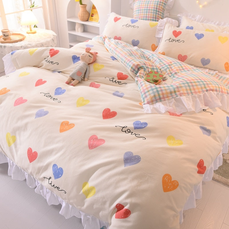 Ihomed Kawaii Peach Bedding Set For Home Cotton Twin Full Queen Size Strawberry Bear Cute Fitted Bed Sheet Pillowcases Duvet Cover