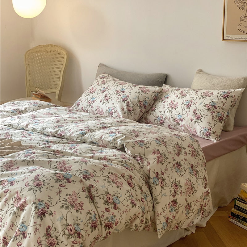 Ihomed 100% Natural Cotton Vintage Pastoral Flowers Girl Bedding Set Single Double Queen King Quilt/Duvet Cover Bed Linen Pillowcases