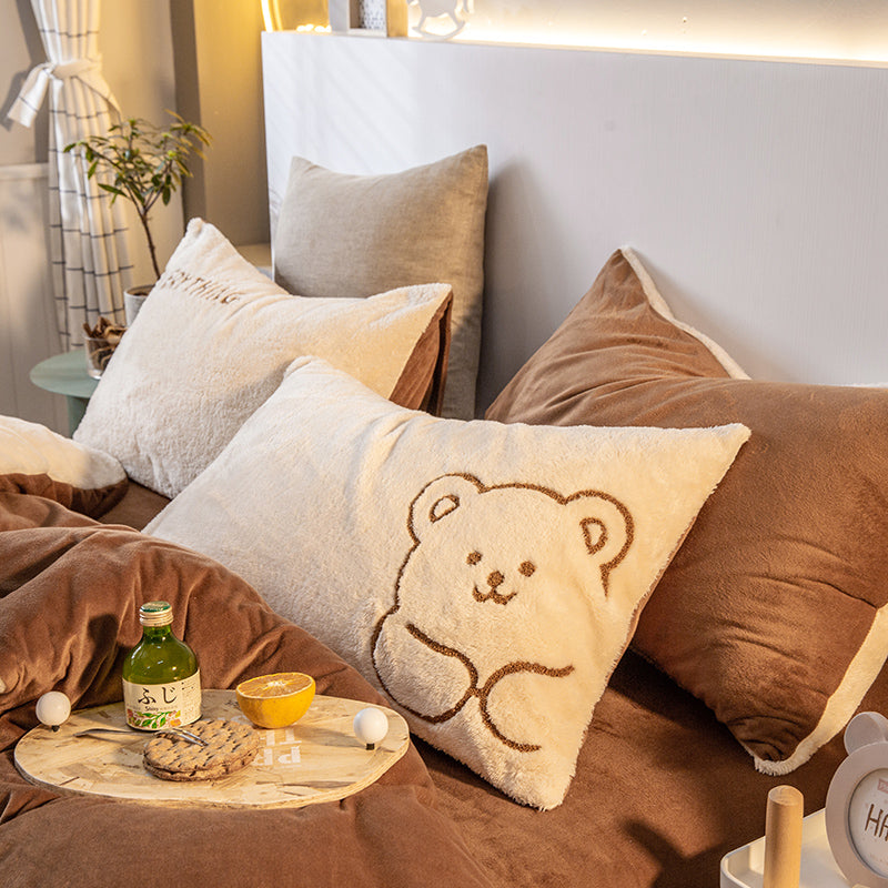 Ihomed Soft Warm Cosy Flannel Velvet Fleece Cartoon Bear Embroidery Child Bedding Set Duvet Cover Flat/Fitted Sheet Pillowcases