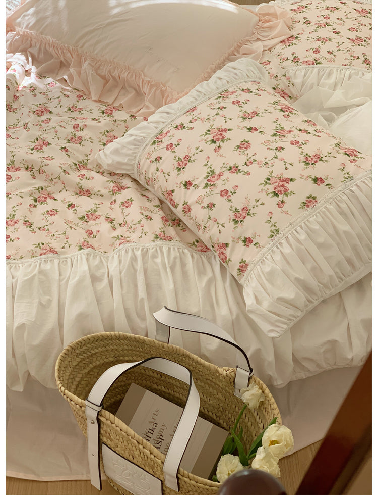 Ihomed Romantic Vintage Floral Cotton Four-Piece Set Princess Pure Cotton Quilt Cover French Bedding