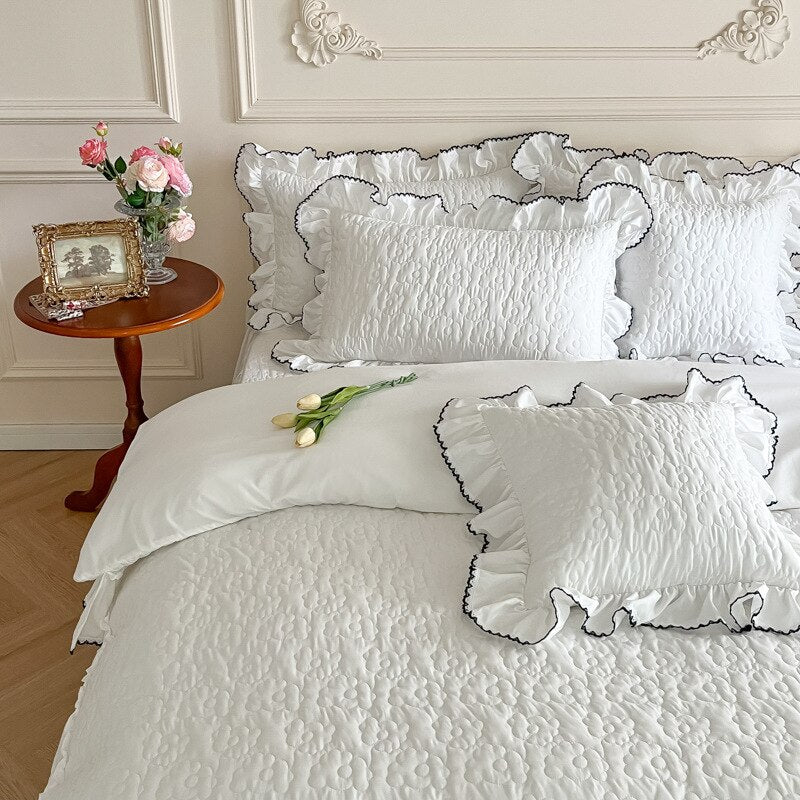 Ihomed Bedding Sets Luxury Girls French Manor Bed Line Cotton Quilted Ruffle Duvet Cover Bed Skirt with Pillowcase Bed Comforter Sets