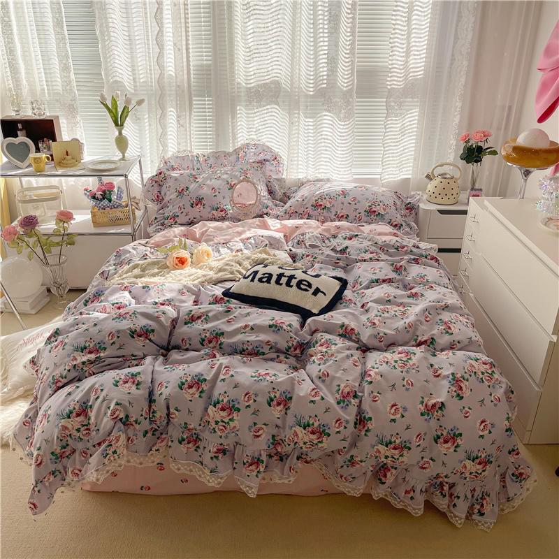 Ihomed 100%Cotton Single Queen Double size Bedding Sets for Girls Vibrant Flowers Down Comforter Cover Zipper Bed Sheet Pillow shams