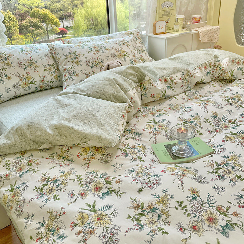 Ihomed AB double-sided florals print 100% cotton Bedding Set queen soft skin friendly duvet cover set with flat sheets quilt cover sets