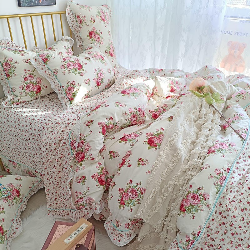 Ihomed 4/6Pcs100%Cotton Bedding Set Vintage Elegant Flowers Duvet cover  with Ruffle soft comfy bed sheet pillowcases Double Queen King