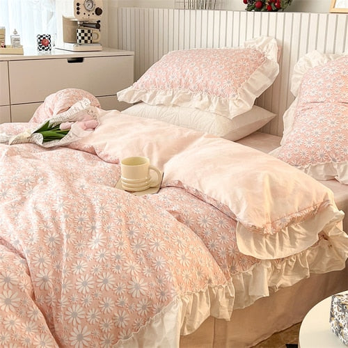 Ihomed 100% Cottom queen bedding set Romantic printed rose ruffle pink bedding set princess home textile linen bed sheet set twin size