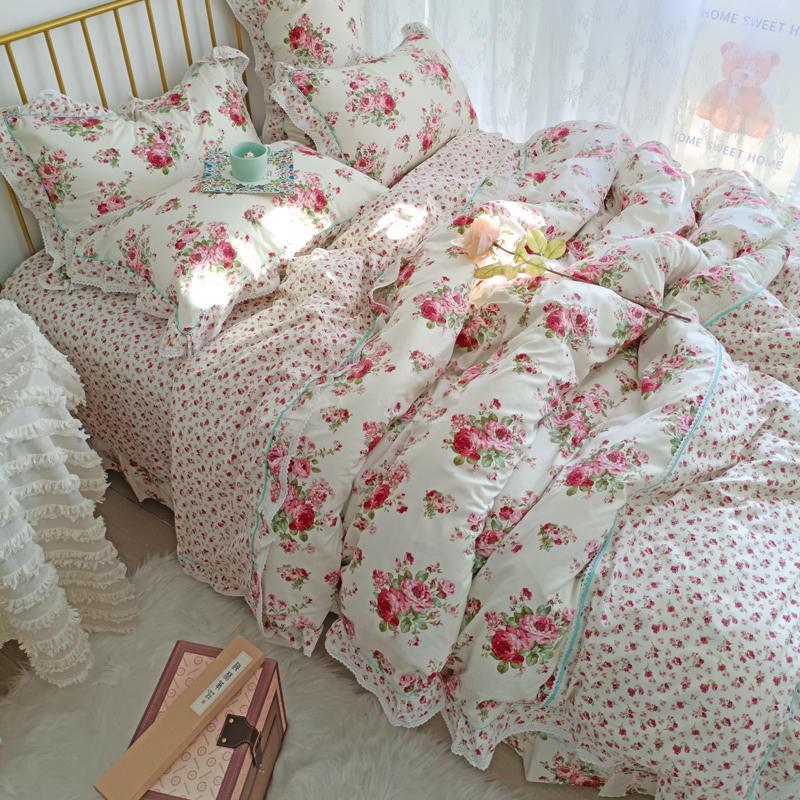 Ihomed 4/6Pcs100%Cotton Bedding Set Vintage Elegant Flowers Duvet cover  with Ruffle soft comfy bed sheet pillowcases Double Queen King