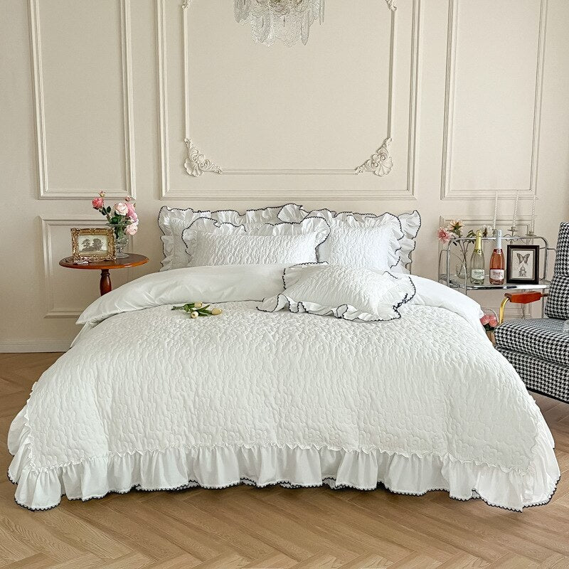 Ihomed Bedding Sets Luxury Girls French Manor Bed Line Cotton Quilted Ruffle Duvet Cover Bed Skirt with Pillowcase Bed Comforter Sets