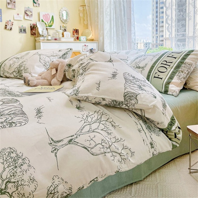 Ihomed AB double-sided florals print 100% cotton Bedding Set queen soft skin friendly duvet cover set with flat sheets quilt cover sets