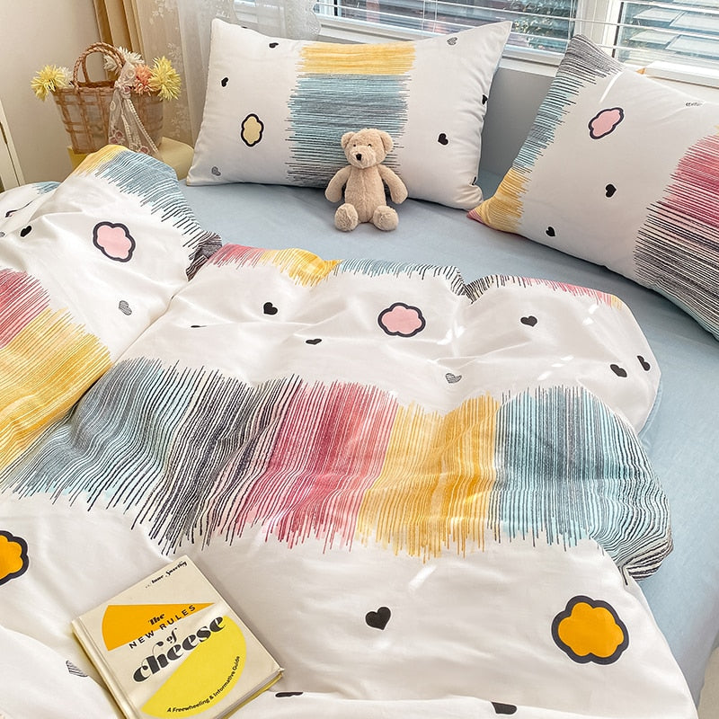 Ihomed Cute Moon Bedding Set For Girl Kawaii Heats Flower Cotton Twin Full Queen Size Bedding Double Fitted Bed Sheet Quilt Duvet Cover