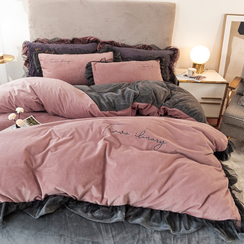 Ihomed Thick Coral Fleece Winter Four-Piece Set Double-Sided with Velvet Quilt Cover Flannel Bed Sheet Bedding Milk Fiber Winter