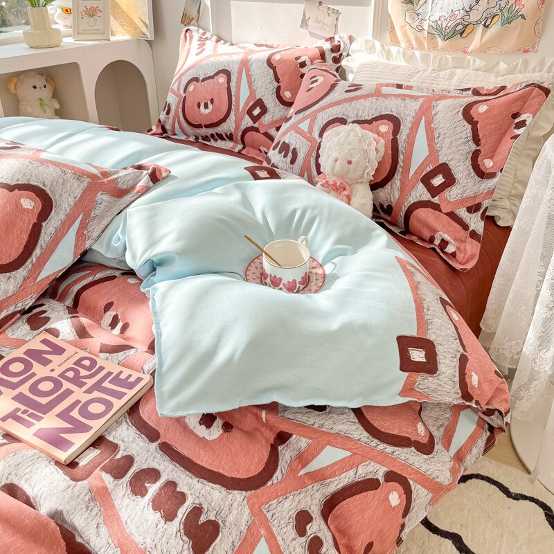 Ihomed Cartoon Style Printed Bedding Sets King Queen Full Sizes Comforter Sets Duvet Cover Bed Flat Sheet Pillowcases for Child Girls