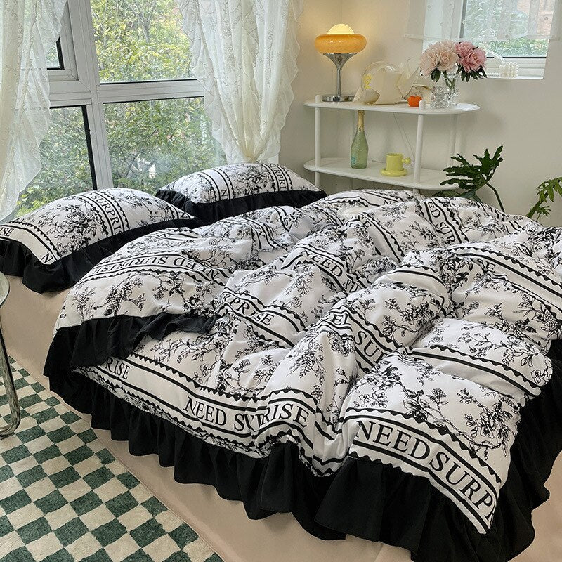 Ihomed Luxury Black and White Ruffled Bedding Set Fashion Bedspreads Home Textiles Duvet Cover Sheet Pillowcase for Teens Girls 3/4pcs