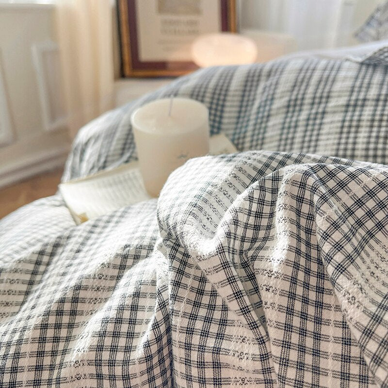 Ihomed 100%Cotton Bedding Set Striped Jacquard Lace Ruffles Bed Linen Sets Queen/King Cotton Bed Sheet Set with Ruffles Duvet Cover
