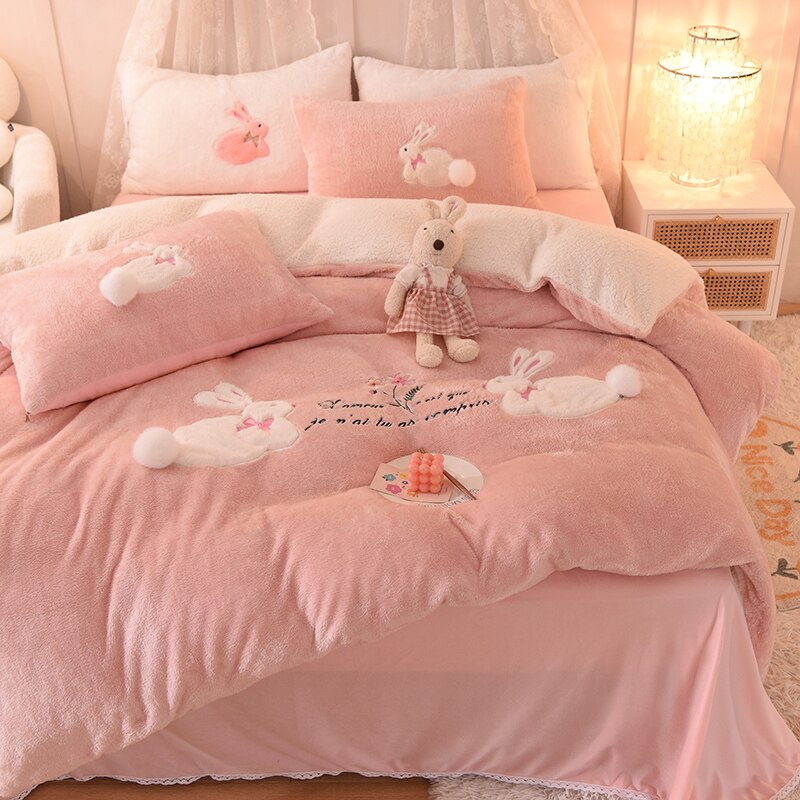 Ihomed Luxury Shaggy Velvet + Berber Fleece Princess Girl Bedding Set Rabbit Embroidery Short Plush Duvet Cover Quilt Cover Bed Linen