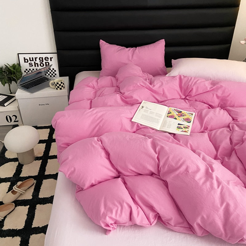 Ihomed Fashion Style Pink,Black 4pcs Bedding Set Luxury Pure Cotton Soft Duvet Cover Comforter Pillowcases Bed Flat Sheet Set for Girl