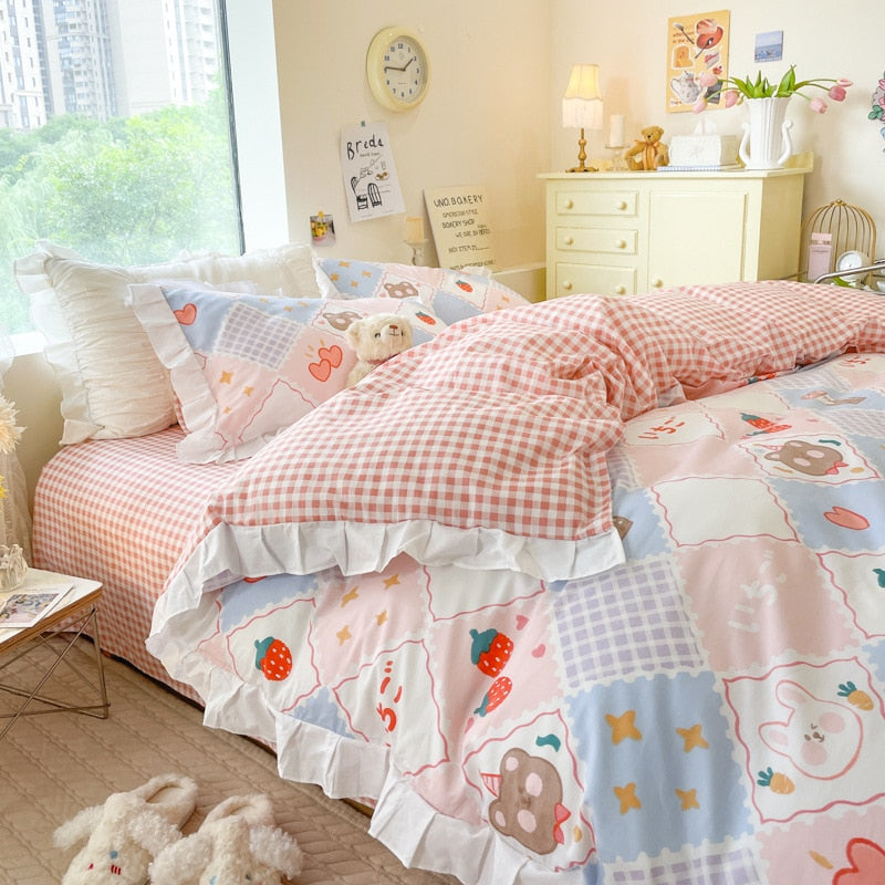 Ihomed Kawaii Peach Bedding Set For Home Cotton Twin Full Queen Size Strawberry Bear Cute Fitted Bed Sheet Pillowcases Duvet Cover