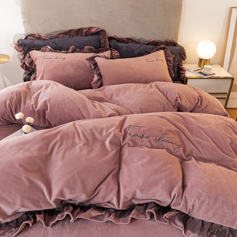 Ihomed Thick Coral Fleece Winter Four-Piece Set Double-Sided with Velvet Quilt Cover Flannel Bed Sheet Bedding Milk Fiber Winter