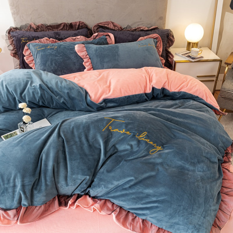 Ihomed Thick Coral Fleece Winter Four-Piece Set Double-Sided with Velvet Quilt Cover Flannel Bed Sheet Bedding Milk Fiber Winter