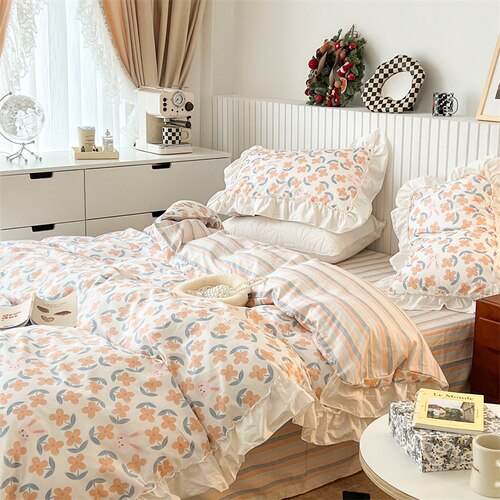 Ihomed 100% Cottom queen bedding set Romantic printed rose ruffle pink bedding set princess home textile linen bed sheet set twin size