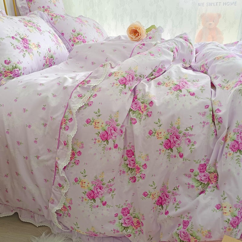 Ihomed 4/6Pcs100%Cotton Bedding Set Vintage Elegant Flowers Duvet cover  with Ruffle soft comfy bed sheet pillowcases Double Queen King