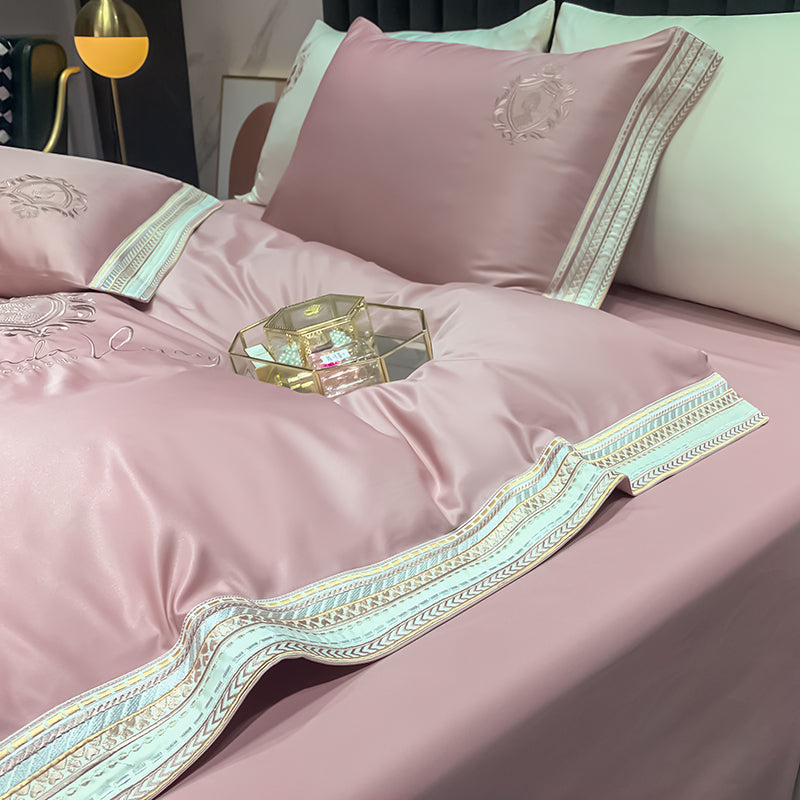 Ihomed Luxury Satin Silky Embroidery Bedding Set Soft Smooth Double Duvet Cover Set Bed Linen Fitted Sheet Pillowcases Home Textiles