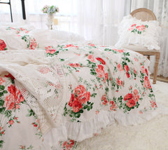 Ihomed Pastoral Red Rose Print Bedding Set Cotton Korean Style Ruffle Elegant Princess Lace Duvet Cover Bed Skirt Bedspread Pillowcases