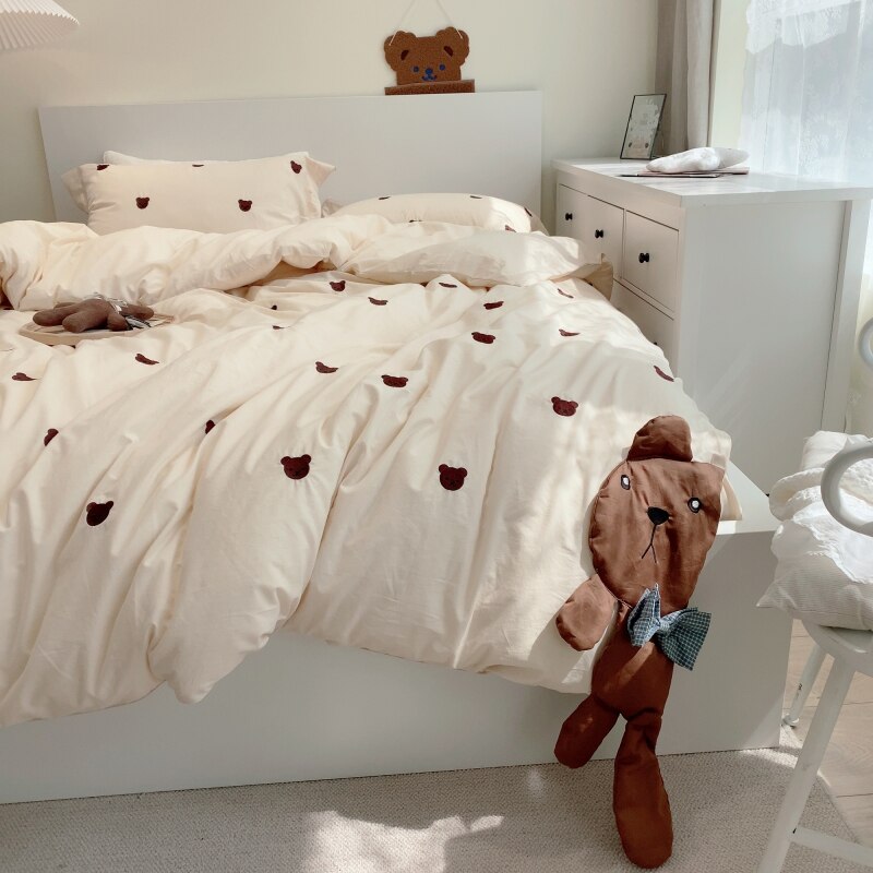 Ihomed Cute Cartoon Brown Bear Embroidery Bedding Set Soft Breathable 400TC Washed Cotton Duvet Cover Quilt Cover Bed Linen Pillowcases