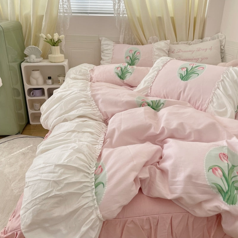 Ihomed 100% Cotton White Pleat Ruffles Patchwork Rose Printing Girl Bedding Set Quilt Cover Set Bed Skirt Flat/Fitted Sheet Pillowcases