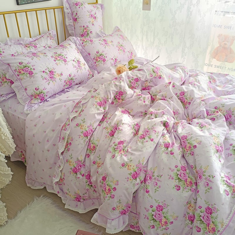 Ihomed 4/6Pcs100%Cotton Bedding Set Vintage Elegant Flowers Duvet cover  with Ruffle soft comfy bed sheet pillowcases Double Queen King