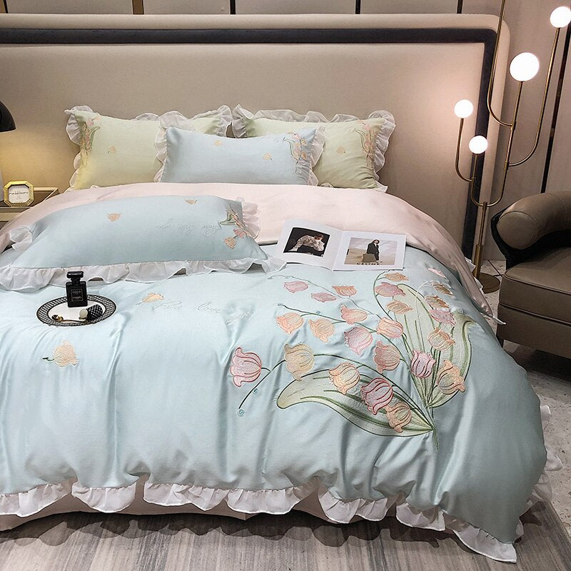 Ihomed Smooth Soft Ice Silk Lace Ruffles Princess Bedding Set Flower Embroidery Quilt Cover Set Bed Linen Pillow Shams Girl  Bedclothes