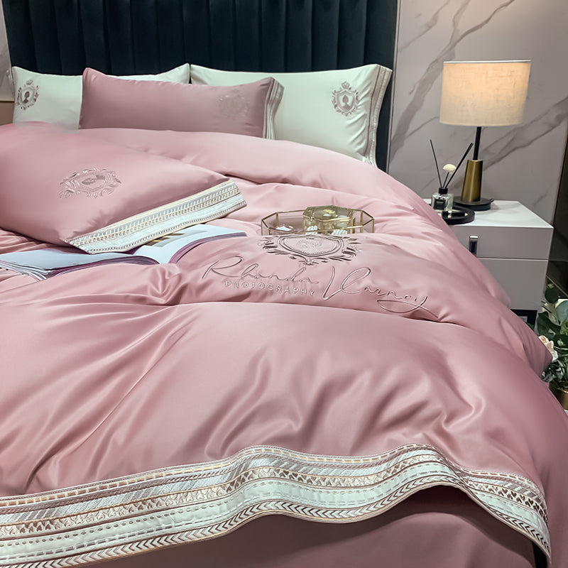 Ihomed Luxury Satin Silky Embroidery Bedding Set Soft Smooth Double Duvet Cover Set Bed Linen Fitted Sheet Pillowcases Home Textiles