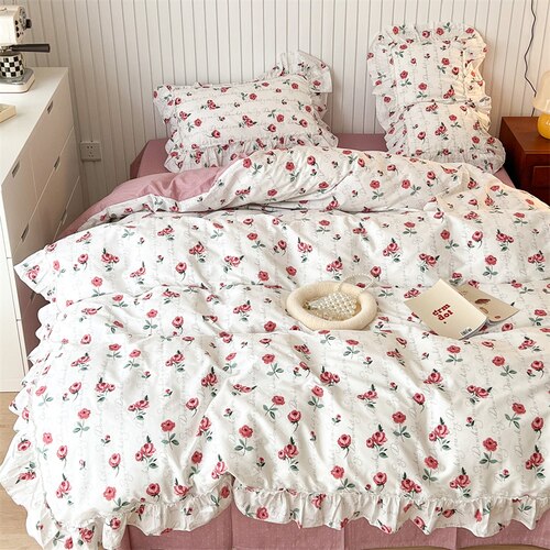 Ihomed 100% Cottom queen bedding set Romantic printed rose ruffle pink bedding set princess home textile linen bed sheet set twin size