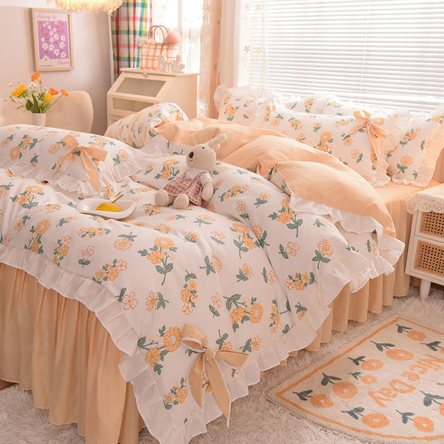 Ihomed Pastoral Style Bedding Set Cotton 3/4pcs Floral Duvet Cover with Pillowcases Cute Flowers Bed Skirtwith Zipper Quilt Cover