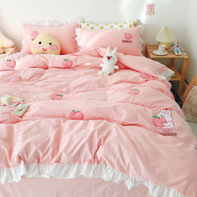 Ihomed Kawaii Peach Strawberry Bedding Set For Home Cotton Pink Twin Full Queen Size Cute Double Bed Sheet Pillowcase Duvet Quilt Cover