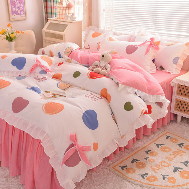 Ihomed Pastoral Style Bedding Set Cotton 3/4pcs Floral Duvet Cover with Pillowcases Cute Flowers Bed Skirtwith Zipper Quilt Cover
