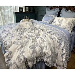 Ihomed French Vintage Rural Floral Princess Bed Skirt Bedding Set Romantic White Lace Edge 400TC Cotton Quilt/Duvet Cover Set Pillowcas