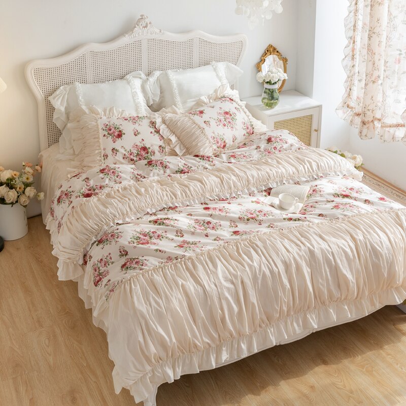 Ihomed Top Romantic Bedding set 100% cotton rose print linen set Princess bedding set queen Duvet cover lace design bedroom set sheet