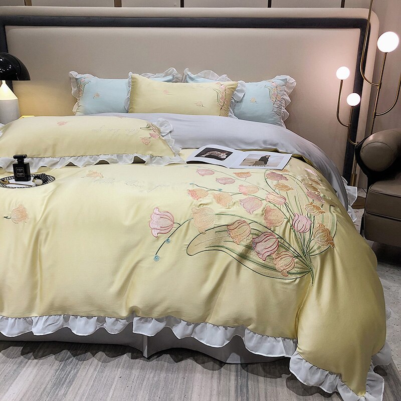 Ihomed Smooth Soft Ice Silk Lace Ruffles Princess Bedding Set Flower Embroidery Quilt Cover Set Bed Linen Pillow Shams Girl  Bedclothes