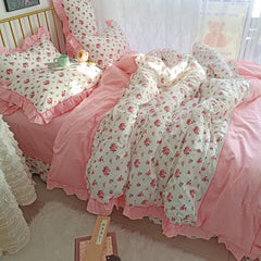 Ihomed 4/6Pcs100%Cotton Bedding Set Vintage Elegant Flowers Duvet cover  with Ruffle soft comfy bed sheet pillowcases Double Queen King