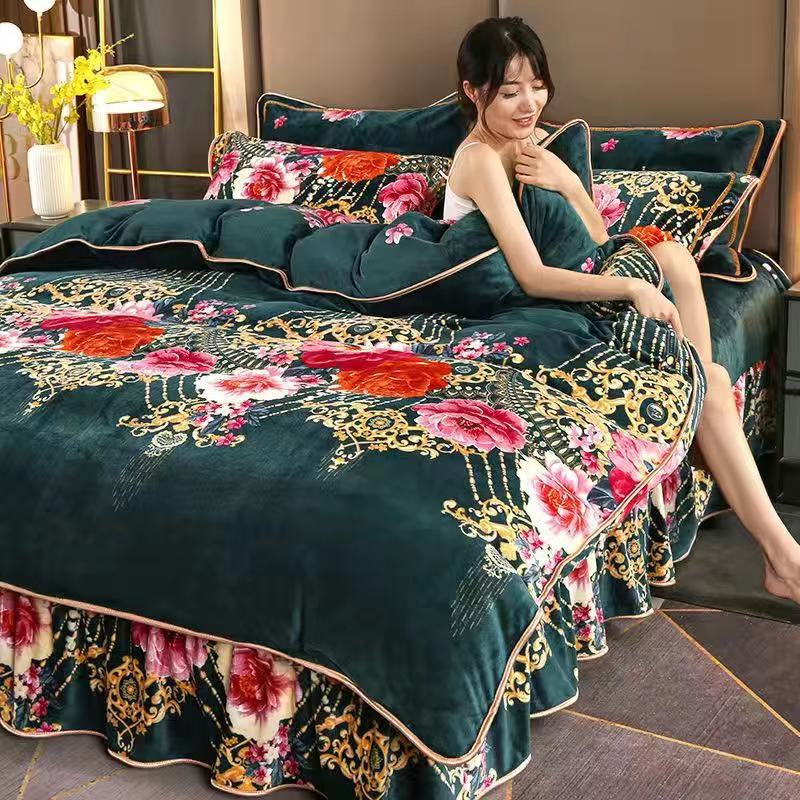 Ihomed 4pcs Set Winter Warm Thicken Short Plush Bedding Set Printing Flannel Duvet Cover Flat Sheet Pillowcase King Queen Bedding Set